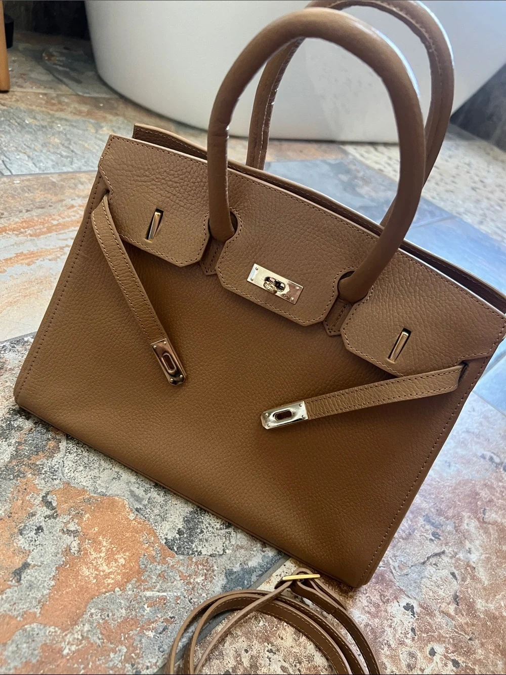 Classic Top-Handle Leather Satchel in tan